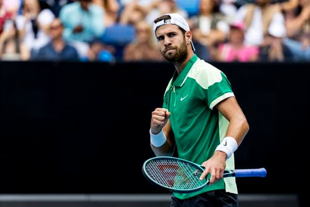 MELBOURNE, VIC - JANUARY 19: Karen Khachanov of Russia celebrates during the 3rd round of the 2024 Australian Open on January 19 2024, at Melbourne Park in Melbourne, Australia. (Photo by Jason Heidrich Icon Sportswire) TENNIS: JAN 19 Australian Open EDITORIAL USE ONLY Icon240119036