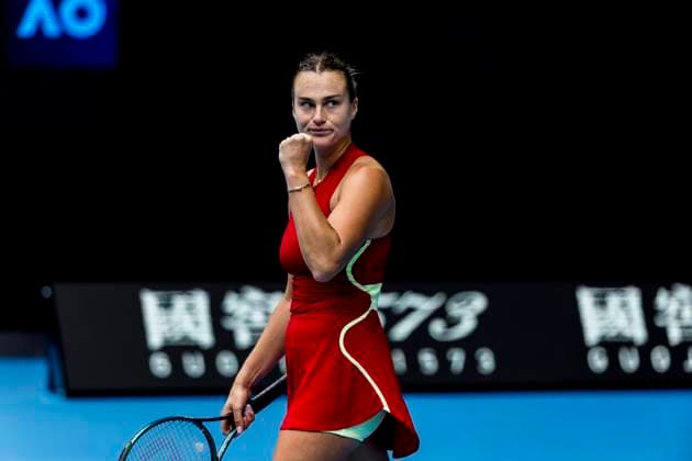 MELBOURNE, VIC - JANUARY 19: Aryna Sabalenka of Belarus celebrates during the 3rd round of the 2024 Australian Open on January 19 2024, at Melbourne Park in Melbourne, Australia. (Photo by Jason Heidrich Icon Sportswire) TENNIS: JAN 19 Australian Open EDITORIAL USE ONLY Icon240119068