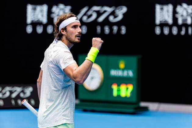MELBOURNE, VIC - JANUARY 19: Stefanos Tsitsipas of Greece celebrates during the 3rd round of the 2024 Australian Open on January 19 2024, at Melbourne Park in Melbourne, Australia. (Photo by Jason Heidrich Icon Sportswire) TENNIS: JAN 19 Australian Open EDITORIAL USE ONLY Icon240119145