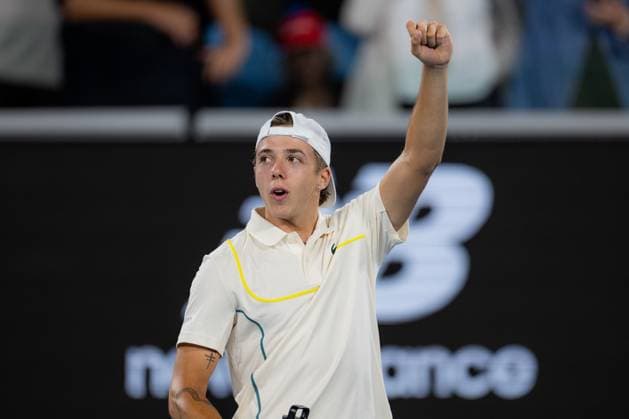 (240119) -- MELBOURNE, Jan. 19, 2024 -- Arthur Cazaux celebrates after the men s singles second round match between Arthur Cazaux of France and Holger Rune of Denmark at the Australian Open tennis tournament in Melbourne, Australia, Jan. 18, 2024. (Photo by Xinhua) (SP)AUSTRALIA-MELBOURNE-TENNIS-AUSTRALIAN OPEN ChuxChen 