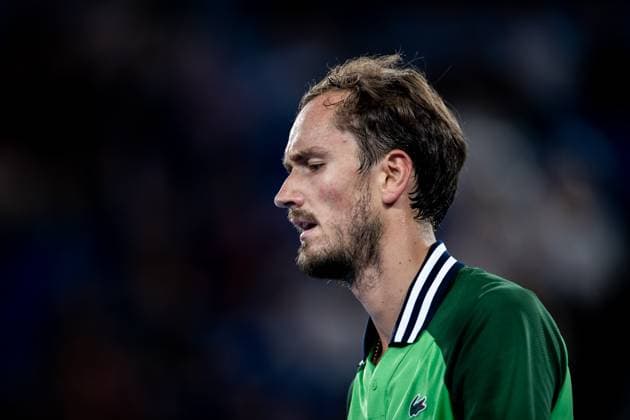 (240119) -- MELBOURNE, Jan. 19, 2024 -- Daniil Medvedev of Russia reacts during the men s singles second round match between Daniil Medvedev of Russia and Emil Ruusuvuori of Finland at the Australian Open tennis tournament in Melbourne, Australia, Jan. 18, 2024. (Photo by Xinhua) (SP)AUSTRALIA-MELBOURNE-TENNIS-AUSTRALIAN OPEN HuxJingchen 