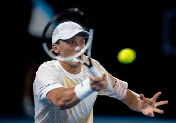 (240119) -- MELBOURNE, Jan. 19, 2024 -- Emil Ruusuvuori of Finland returns a shot during the men s singles second round match between Daniil Medvedev of Russia and Emil Ruusuvuori of Finland at the Australian Open tennis tournament in Melbourne, Australia, Jan. 18, 2024. (Photo by Xinhua) (SP)AUSTRALIA-MELBOURNE-TENNIS-AUSTRALIAN OPEN HuxJingchen 