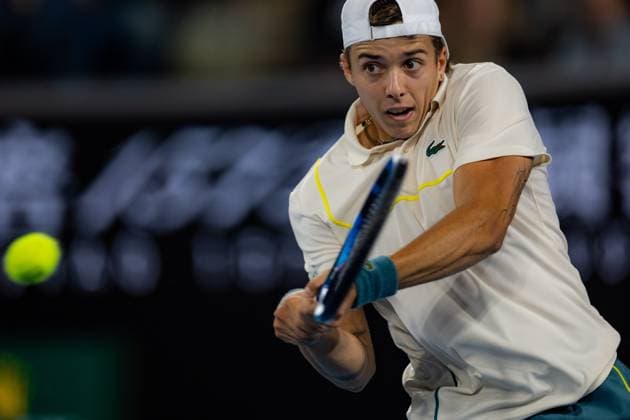 (240119) -- MELBOURNE, Jan. 19, 2024 -- Arthur Cazaux returns a shot during the men s singles second round match between Arthur Cazaux of France and Holger Rune of Denmark at the Australian Open tennis tournament in Melbourne, Australia, Jan. 18, 2024. (Photo by Xinhua) (SP)AUSTRALIA-MELBOURNE-TENNIS-AUSTRALIAN OPEN ChuxChen 