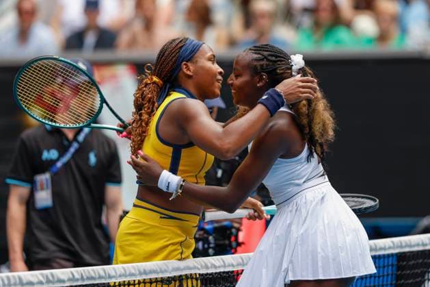 R L Alycia Parks congratulates the winner Coco Gauff, Australian Open 2024, Melbourne Park, Melbourne, Victoria, Australia Copyright: xJuergenxHasenkopfx