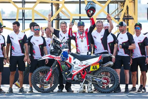 BRANCH Ross (bwa), Hero Motorsports Team Rally, Hero, Motul, Moto, FIM W2RC, portrait during the Final Podium of the Dakar 2024 on January 19, 2024 in Yanbu, Saudi Arabia - DAKAR 2024 - FINAL PODIUM DPPI Panoramic  05124022_GODK9857