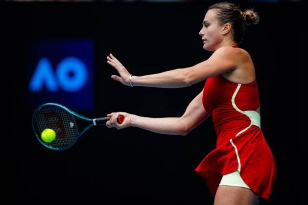 (240119) -- MELBOURNE, Jan. 19, 2024 -- Aryna Sabalenka hits a return during the women s singles third round match between Aryna Sabalenka of Belarus and Lesia Tsurenko of Ukraine at the Australian Open tennis tournament in Melbourne, Australia, Jan. 19, 2024. (Photo by Xinhua) (SP)AUSTRALIA-MELBOURNE-TENNIS-AUSTRALIAN OPEN ChuxChen 