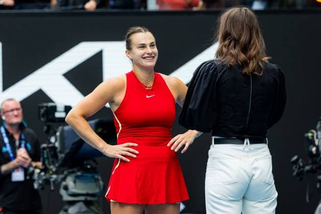 (240119) -- MELBOURNE, Jan. 19, 2024 -- Aryna Sabalenka gets interviewed after the women s singles third round match between Aryna Sabalenka of Belarus and Lesia Tsurenko of Ukraine at the Australian Open tennis tournament in Melbourne, Australia, Jan. 19, 2024. (Photo by Xinhua) (SP)AUSTRALIA-MELBOURNE-TENNIS-AUSTRALIAN OPEN ChuxChen 