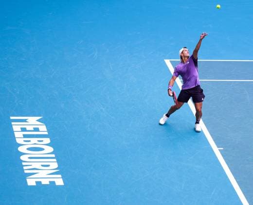 (240119) -- MELBOURNE, Jan. 19, 2024 -- Sebastian Baez of Argentina serves during the men s singles 3rd round match between Jannik Sinner of Italy and Sebastian Baez of Argentina at Australian Open tennis tournament in Melbourne, Australia, Jan. 19, 2024. ) (SP)AUSTRALIA-MELBOURNE-TENNIS-AUSTRALIAN OPEN MaxPing 