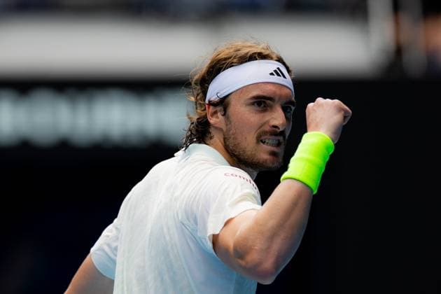 (240119) -- MELBOURNE, Jan. 19, 2024 -- Stefanos Tsitsipas celebrates during the men s singles third round match between Stefanos Tsitsipas of Greece and Luca Van Assche of France at the Australian Open tennis tournament in Melbourne, Australia, Jan. 19, 2024. (Photo by Xinhua) (SP)AUSTRALIA-MELBOURNE-TENNIS-AUSTRALIAN OPEN ChuxChen 