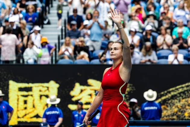 (240119) -- MELBOURNE, Jan. 19, 2024 -- Aryna Sabalenka acknowledges the spectators after the women s singles third round match between Aryna Sabalenka of Belarus and Lesia Tsurenko of Ukraine at the Australian Open tennis tournament in Melbourne, Australia, Jan. 19, 2024. (Photo by Xinhua) (SP)AUSTRALIA-MELBOURNE-TENNIS-AUSTRALIAN OPEN ChuxChen 