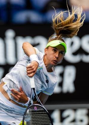 (240119) -- MELBOURNE, Jan. 19, 2024 -- Lesia Tsurenko serves during the women s singles third round match between Aryna Sabalenka of Belarus and Lesia Tsurenko of Ukraine at the Australian Open tennis tournament in Melbourne, Australia, Jan. 19, 2024. (Photo by Xinhua) (SP)AUSTRALIA-MELBOURNE-TENNIS-AUSTRALIAN OPEN ChuxChen 