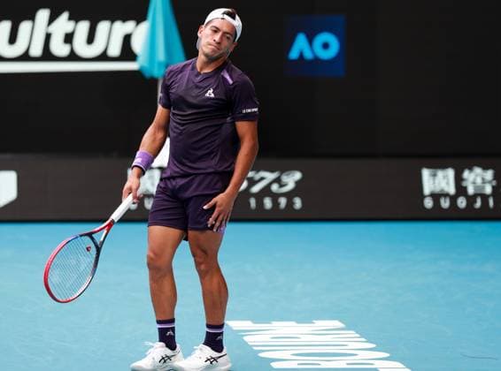 (240119) -- MELBOURNE, Jan. 19, 2024 -- Sebastian Baez of Argentina reacts during the men s singles 3rd round match between Jannik Sinner of Italy and Sebastian Baez of Argentina at Australian Open tennis tournament in Melbourne, Australia, Jan. 19, 2024. ) (SP)AUSTRALIA-MELBOURNE-TENNIS-AUSTRALIAN OPEN MaxPing 