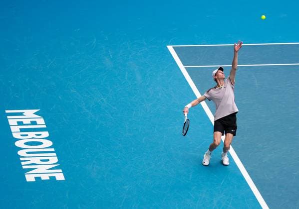 (240119) -- MELBOURNE, Jan. 19, 2024 -- Jannik Sinner of Italy serves during the men s singles 3rd round match between Jannik Sinner of Italy and Sebastian Baez of Argentina at Australian Open tennis tournament in Melbourne, Australia, Jan. 19, 2024. ) (SP)AUSTRALIA-MELBOURNE-TENNIS-AUSTRALIAN OPEN MaxPing 