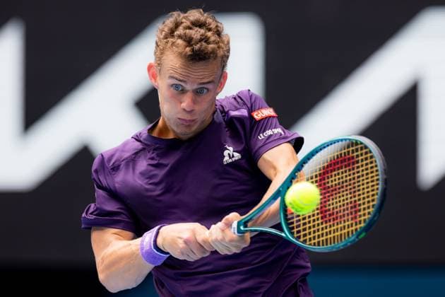 (240119) -- MELBOURNE, Jan. 19, 2024 -- Luca Van Assche hits a return during the men s singles third round match between Stefanos Tsitsipas of Greece and Luca Van Assche of France at the Australian Open tennis tournament in Melbourne, Australia, Jan. 19, 2024. (Photo by Xinhua) (SP)AUSTRALIA-MELBOURNE-TENNIS-AUSTRALIAN OPEN ChuxChen 