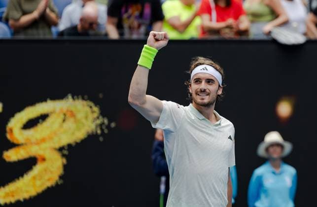 (240119) -- MELBOURNE, Jan. 19, 2024 -- Stefanos Tsitsipas greets spectators after winning the men s singles third round match between Stefanos Tsitsipas of Greece and Luca Van Assche of France at the Australian Open tennis tournament in Melbourne, Australia, Jan. 19, 2024. (Photo by Xinhua) (SP)AUSTRALIA-MELBOURNE-TENNIS-AUSTRALIAN OPEN ChuxChen 