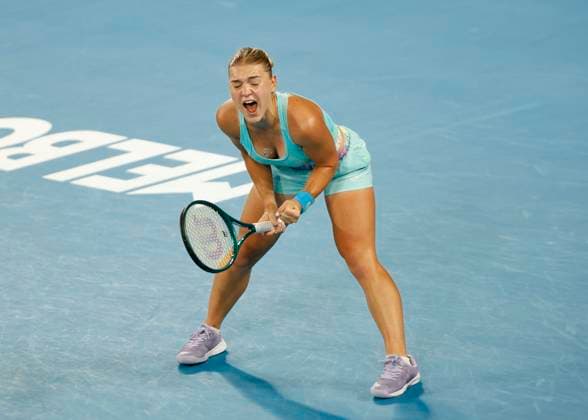 Maria Timofeeva RUS makes a fist and cheers, cheers, joy, emotion, Australian Open 2024, Melbourne Park, Melbourne, Victoria, Australia Copyright: xJuergenxHasenkopfx