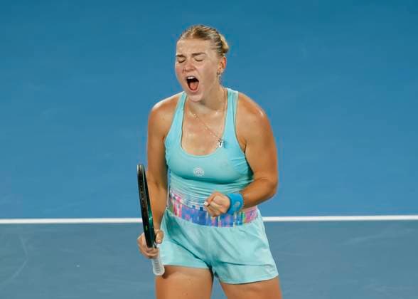 Maria Timofeeva RUS makes a fist and cheers, cheers, joy, emotion, Australian Open 2024, Melbourne Park, Melbourne, Victoria, Australia Copyright: xJuergenxHasenkopfx