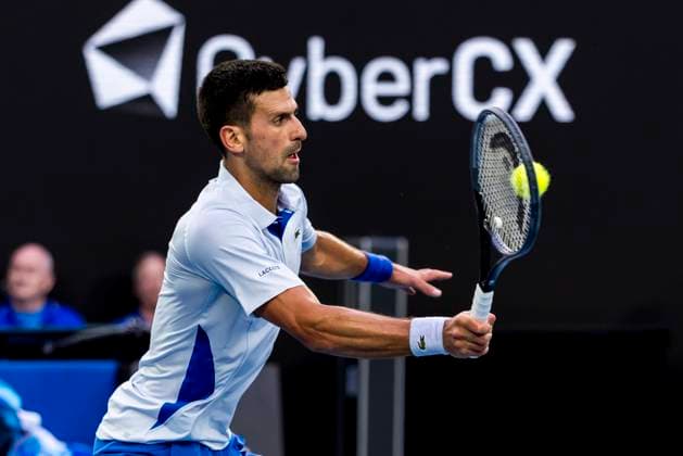 MELBOURNE, VIC - JANUARY 19: Novak Djokovic of Serbia in action during the 3rd round of the 2024 Australian Open on January 19 2024, at Melbourne Park in Melbourne, Australia. (Photo by Jason Heidrich Icon Sportswire) TENNIS: JAN 19 Australian Open EDITORIAL USE ONLY Icon240119181