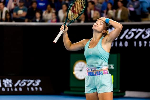 MELBOURNE, VIC - JANUARY 19: Maria Timofeeva of Russia shows her frustration during the 3rd round of the 2024 Australian Open on January 19 2024, at Melbourne Park in Melbourne, Australia. (Photo by Jason Heidrich Icon Sportswire) TENNIS: JAN 19 Australian Open EDITORIAL USE ONLY Icon240119277