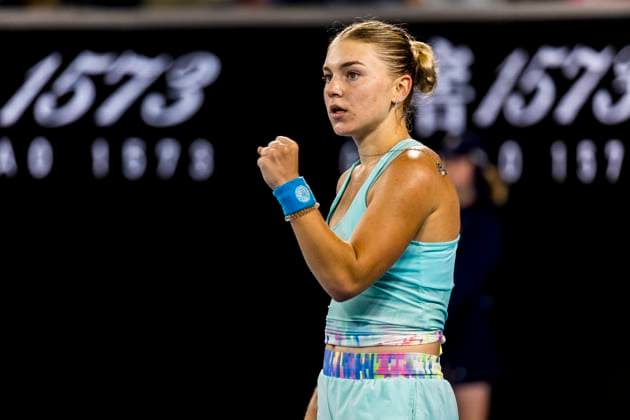 MELBOURNE, VIC - JANUARY 19: Maria Timofeeva of Russia celebrates during the 3rd round of the 2024 Australian Open on January 19 2024, at Melbourne Park in Melbourne, Australia. (Photo by Jason Heidrich Icon Sportswire) TENNIS: JAN 19 Australian Open EDITORIAL USE ONLY Icon240119281