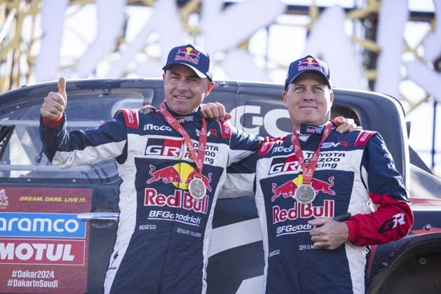 209 DE VILLIERS Giniel (zaf), MURPHY Dennis (zaf), Toyota Gazoo Racing, Toyota GR DKR Hilux, FIA Ultimate, ambiance during the Final Podium of the Dakar 2024 on January 19, 2024 in Yanbu, Saudi Arabia - DAKAR 2024 - FINAL PODIUM DPPI Panoramic  05124022__UDE3346