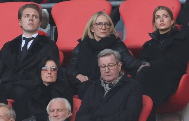 Beckenbauers wife Heidi and their two children Joel and Francesca with Karl Hopfner and Rudi Voeller below Football memorial service in honor of Franz Beckenbauer 19 01 2024 Allianz Arena PHOTO Mladen Lackovic LakoPress