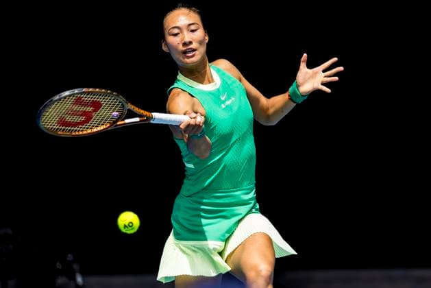 MELBOURNE, VIC - JANUARY 20: Qinwen Zheng of China in action during the 3rd round of the 2024 Australian Open on January 20 2024, at Melbourne Park in Melbourne, Australia. (Photo by Jason Heidrich Icon Sportswire) TENNIS: JAN 20 Australian Open EDITORIAL USE ONLY Icon240120020
