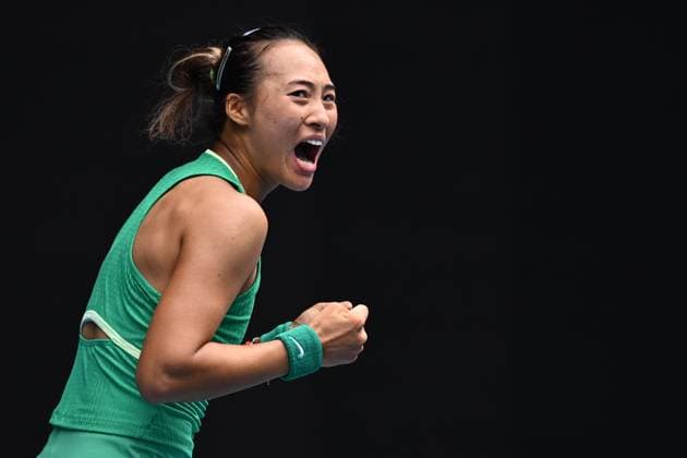 TENNIS AUSTRALIAN OPEN, Qinwen Zheng of China celebrates match point during her 3rd round win against Yafan Wang of China on Day 7 of the 2024 Australian Open at Melbourne Park in Melbourne, Saturday, January 20, 2024. ( NO ARCHIVING, EDITORIAL USE ONLY, NO USE IN BOOKS WITHOUT CONSENT MELBOURNE VICTORIA AUSTRALIA  Copyright: xJOELxCARRETTx 20240120001891252606