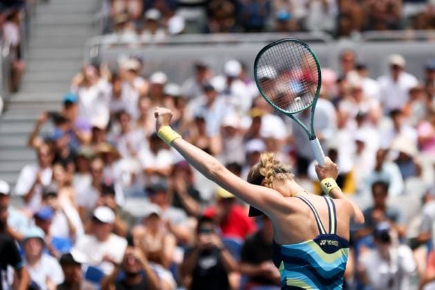 January 20, 2024, Melbourne, Victoria, Australia: MELBOURNE, AUSTRALIA - JANUARY 20: Dayana Yastremska of Ukraine celebrates beating Emma Navarro of USA on Day 7 of the 2024 Australian Open at Melbourne Park on January 20, 2024 in Melbourne, Australia. Melbourne Australia - ZUMAp121 20240120_zsp_p121_053 Copyright: xChrisxPutnamx