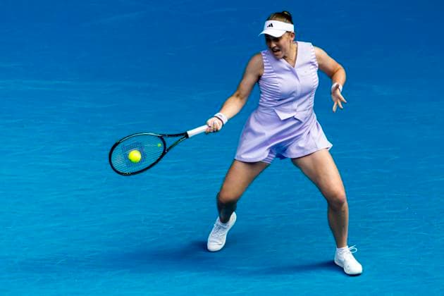 MELBOURNE, VIC - JANUARY 20: Jelena Ostapenko of Latvia in action during the 3rd round of the 2024 Australian Open on January 20 2024, at Melbourne Park in Melbourne, Australia. (Photo by Jason Heidrich Icon Sportswire) TENNIS: JAN 20 Australian Open EDITORIAL USE ONLY Icon240120167