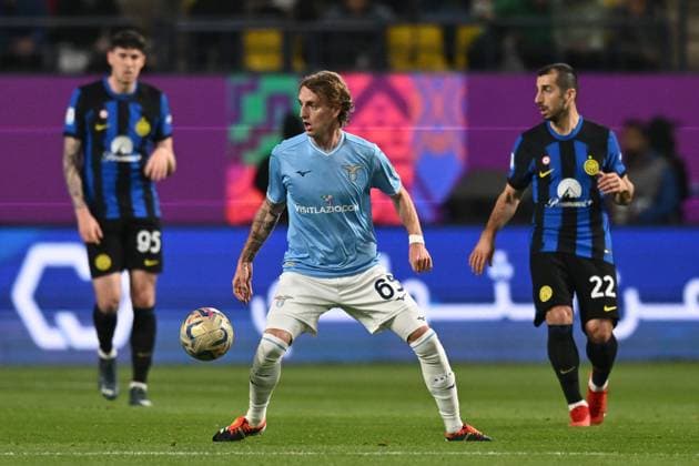 Nicolo Rovella (Lazio)Henrikh Mkhitaryan (Inter) during the Italian Italy SuperCup match between Inter 3-0 Lazio at Al -Awwal Stadium on Riyad January 19 , 2023 in Florence Italy. Noxthirdxpartyxsales  (241304264)
