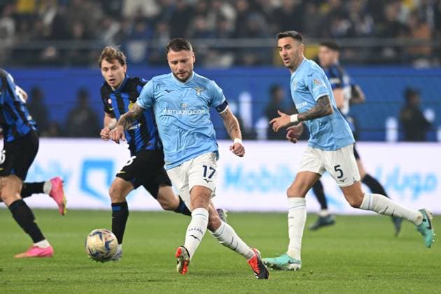 Ciro Immobile (Lazio)Matias Vecino (Lazio)Nicolo Barella (Inter) during the Italian Italy SuperCup match between Inter 3-0 Lazio at Al -Awwal Stadium on Riyad January 19 , 2023 in Florence Italy. Noxthirdxpartyxsales  (241304275)