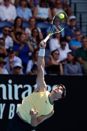 2024 Australian Open - Day 7 Carlos Alcaraz of Spain is in action during his third-round singles match against Juncheng Shang of China on day seven of the 2024 Australian Open at Melbourne Park in Melbourne, Australia, on January 20, 2024. Melbourne Victoria Australia  Copyright: xCiroxDexLucax originalFilename:deluca-2024aust240120_npgIc.jpg