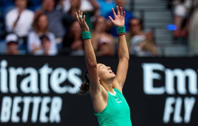 (240120) -- MELBOURNE, Jan. 20, 2024 -- Zheng Qinwen celebrates during the women s singles 3rd round match between Zheng Qinwen and Wang Yafan of China at Australian Open tennis tournament in Melbourne, Australia, Jan. 20, 2024. (Photo by Xinhua) (SP)AUSTRALIA-MELBOURNE-TENNIS-AUSTRALIAN OPEN HuxJingchen 