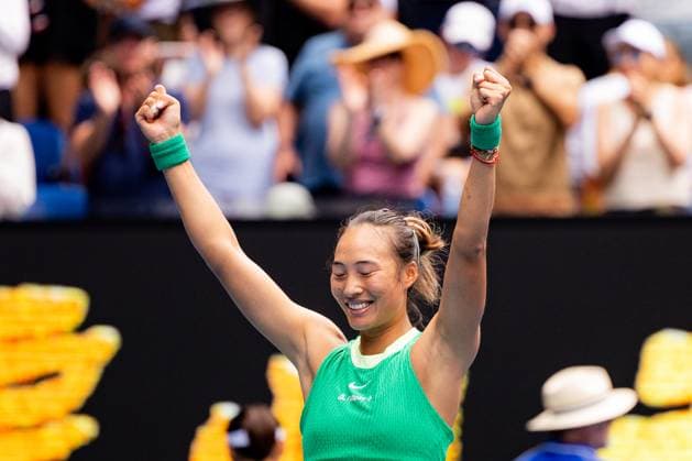 (240120) -- MELBOURNE, Jan. 20, 2024 -- Zheng Qinwen celebrates during the women s singles 3rd round match between Zheng Qinwen and Wang Yafan of China at Australian Open tennis tournament in Melbourne, Australia, Jan. 20, 2024. (Photo by Xinhua) (SP)AUSTRALIA-MELBOURNE-TENNIS-AUSTRALIAN OPEN ChuxChen 