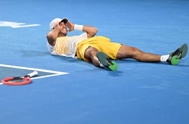 TENNIS AUSTRALIAN OPEN, Nuno Borges from Portugal celebrates match point during his round 3 win against Grigor Dimitrov of Bulgaria on Day 7 of the 2024 Australian Open at Melbourne Park in Melbourne, Saturday, January 20, 2024. ( NO ARCHIVING, EDITORIAL USE ONLY, NO USE IN BOOKS WITHOUT CONSENT MELBOURNE VICTORIA AUSTRALIA  Copyright: xLUKASxCOCHx 20240120001891305589