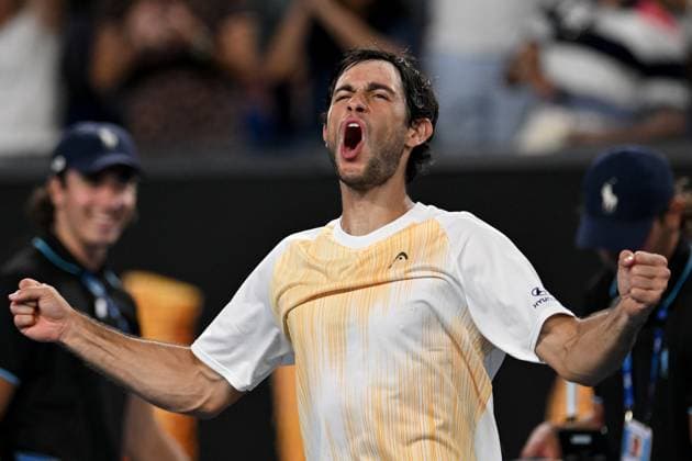 TENNIS AUSTRALIAN OPEN, Nuno Borges from Portugal celebrates his 3rd round win over Grigor Dimitrov of Bulgaria on Day 7 of the 2024 Australian Open at Melbourne Park in Melbourne, Saturday, January 20, 2024. ( NO ARCHIVING, EDITORIAL USE ONLY, NO USE IN BOOKS WITHOUT CONSENT MELBOURNE VICTORIA AUSTRALIA  Copyright: xLUKASxCOCHx 20240120001891307422