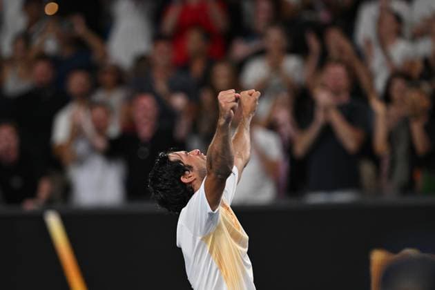 TENNIS AUSTRALIAN OPEN, Nuno Borges from Portugal celebrates his 3rd round win over Grigor Dimitrov of Bulgaria on Day 7 of the 2024 Australian Open at Melbourne Park in Melbourne, Saturday, January 20, 2024. ( NO ARCHIVING, EDITORIAL USE ONLY, NO USE IN BOOKS WITHOUT CONSENT MELBOURNE VICTORIA AUSTRALIA  Copyright: xLUKASxCOCHx 20240120001891307692