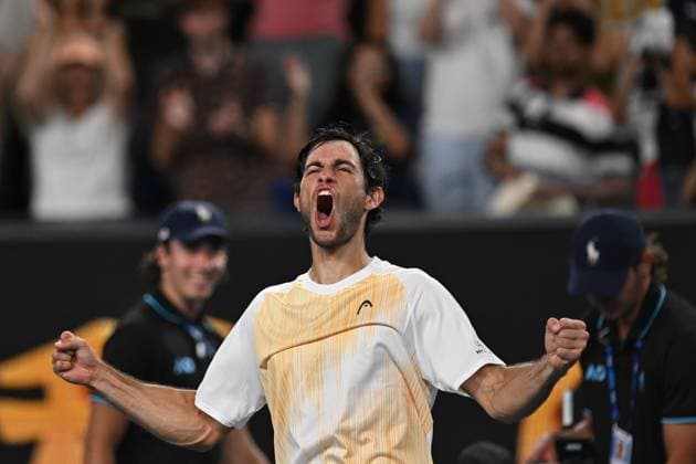 TENNIS AUSTRALIAN OPEN, Nuno Borges from Portugal celebrates his 3rd round win over Grigor Dimitrov of Bulgaria on Day 7 of the 2024 Australian Open at Melbourne Park in Melbourne, Saturday, January 20, 2024. ( NO ARCHIVING, EDITORIAL USE ONLY, NO USE IN BOOKS WITHOUT CONSENT MELBOURNE VICTORIA AUSTRALIA  Copyright: xLUKASxCOCHx 20240120001891307742