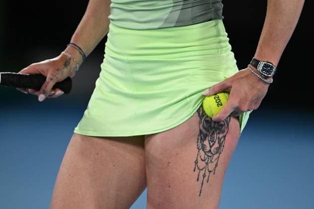 TENNIS AUSTRALIAN OPEN, A tattoo of Elina Svitolina of Ukraine is seen as she tucks a ball into her skirt during her 3rd round match against Viktorija Golubic of Switzerland on Day 7 of the 2024 Australian Open at Melbourne Park in Melbourne, Saturday, January 20, 2024. ( NO ARCHIVING, EDITORIAL USE ONLY, NO USE IN BOOKS WITHOUT CONSENT MELBOURNE VICTORIA AUSTRALIA  Copyright: xLUKASxCOCHx 20240120001891323414