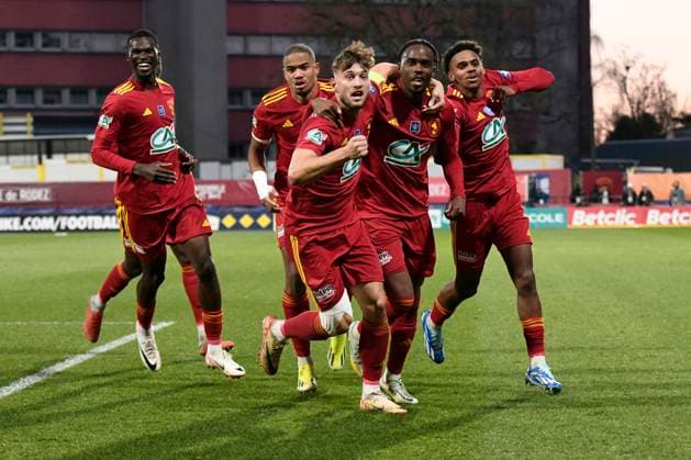 Celebration de Rodez, but de Stone MAMBO (RAF) Rodez Aveyron Football vs. AS Monaco pour 16eme de finale de la Coupe de France au Stade Paul Lignon de Rodez, le 20 janvier 2024. FOOTBALL : Rodez AF vs. AS Monaco - Coupe de France - 20 01 2024 ValentinaClaret Panoramic 