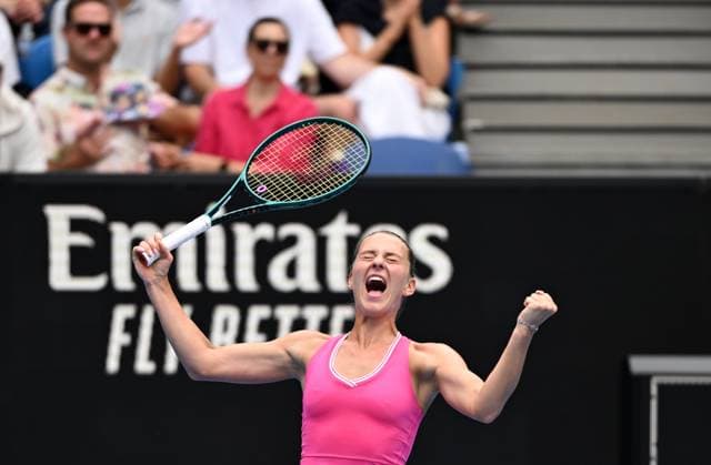 TENNIS AUSTRALIAN OPEN, Marta Kostyuk of Ukraine reacts after winning her 4th round match against Maria Timofeeva of Russia on Day 8 of the 2024 Australian Open at Melbourne Park in Melbourne, Sunday, January 21, 2024. ( NO ARCHIVING, EDITORIAL USE ONLY, NO USE IN BOOKS WITHOUT CONSENT MELBOURNE VICTORIA AUSTRALIA  Copyright: xJAMESxROSSx 20240121001891680775