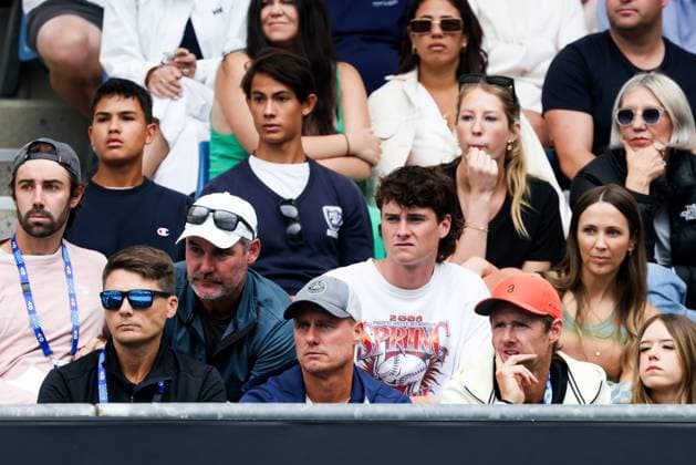 January 21, 2024, Melbourne, Victoria, Australia: MELBOURNE, AUSTRALIA - JANUARY 21: Lleyton Hewitt and Bec Hewitt watch their son Cruz Hewitt of Australia compete against Alexander Razeghi of the United States in their first round singles match during the 2024 Australian Open Junior Championships at Melbourne Park on January 21, 2024 in Melbourne, Australia Melbourne Australia - ZUMAp121 20240121_zsp_p121_026 Copyright: xChrisxPutnamx