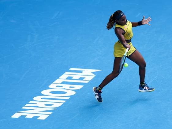 (240121) -- MELBOURNE, Jan. 21, 2024 -- Coco Gauff hits a return during the women s singles 4th round match between Coco Gauff of the United States and Magdalena Frech of Poland at Australian Open tennis tournament in Melbourne, Australia, Jan. 21, 2024. ) (SP)AUSTRALIA-MELBOURNE-TENNIS-AUSTRALIAN OPEN MaxPing 