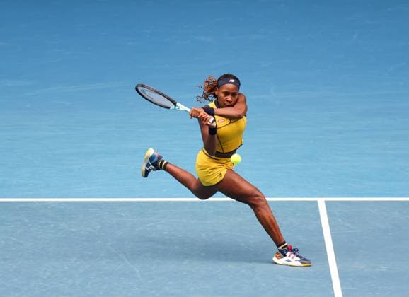 (240121) -- MELBOURNE, Jan. 21, 2024 -- Coco Gauff hits a return during the women s singles 4th round match between Coco Gauff of the United States and Magdalena Frech of Poland at Australian Open tennis tournament in Melbourne, Australia, Jan. 21, 2024. ) (SP)AUSTRALIA-MELBOURNE-TENNIS-AUSTRALIAN OPEN MaxPing 