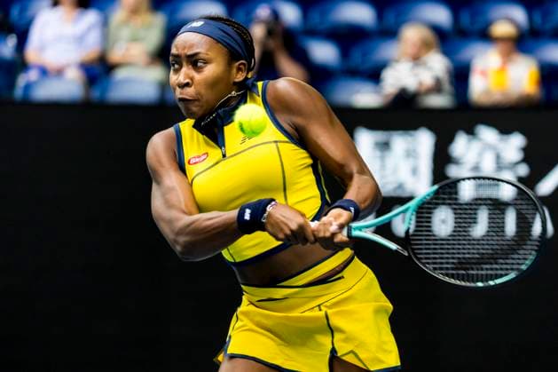 MELBOURNE, VIC - JANUARY 21: Coco Gauff of the United States of America in action during the 4th round of the 2024 Australian Open on January 21 2024, at Melbourne Park in Melbourne, Australia. (Photo by Jason Heidrich Icon Sportswire) TENNIS: JAN 21 Australian Open EDITORIAL USE ONLY Icon240121008