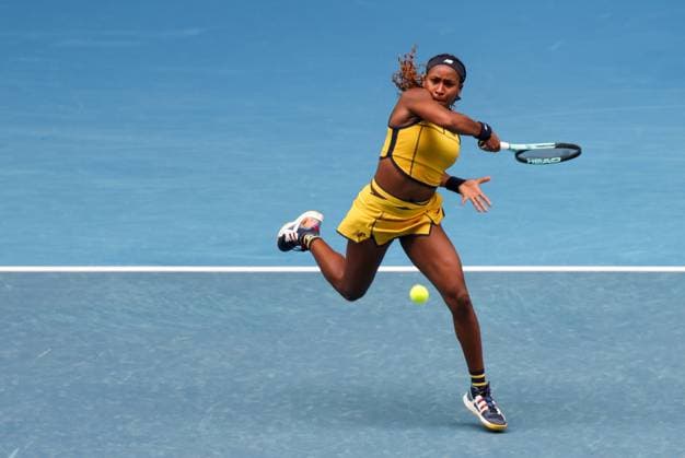 (240121) -- MELBOURNE, Jan. 21, 2024 -- Coco Gauff hits a return during the women s singles 4th round match between Coco Gauff of the United States and Magdalena Frech of Poland at Australian Open tennis tournament in Melbourne, Australia, Jan. 21, 2024. ) (SP)AUSTRALIA-MELBOURNE-TENNIS-AUSTRALIAN OPEN MaxPing 