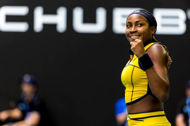 MELBOURNE, VIC - JANUARY 21: Coco Gauff of the United States of America celebrates during the 4th round of the 2024 Australian Open on January 21 2024, at Melbourne Park in Melbourne, Australia. (Photo by Jason Heidrich Icon Sportswire) TENNIS: JAN 21 Australian Open EDITORIAL USE ONLY Icon240121036