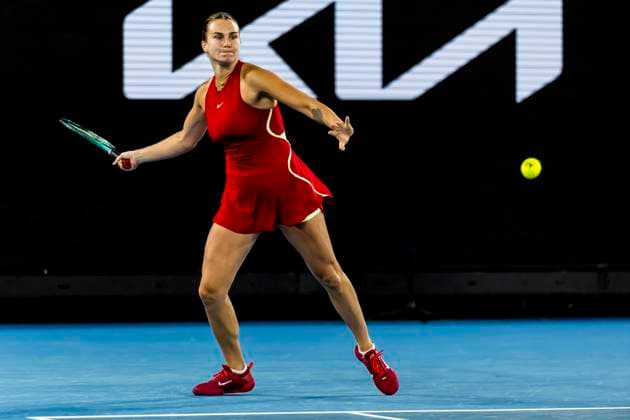 MELBOURNE, VIC - JANUARY 21: Aryna Sabalenka of Belarus in action during the 4th round of the 2024 Australian Open on January 21 2024, at Melbourne Park in Melbourne, Australia. (Photo by Jason Heidrich Icon Sportswire) TENNIS: JAN 21 Australian Open EDITORIAL USE ONLY Icon240121059