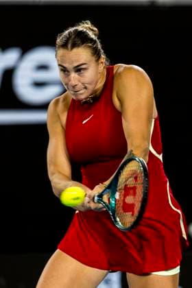 MELBOURNE, VIC - JANUARY 21: Aryna Sabalenka of Belarus in action during the 4th round of the 2024 Australian Open on January 21 2024, at Melbourne Park in Melbourne, Australia. (Photo by Jason Heidrich Icon Sportswire) TENNIS: JAN 21 Australian Open EDITORIAL USE ONLY Icon240121064